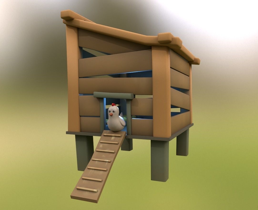 Cartoon Stylized Chicken with Coop Structure Low-poly 3D model_2