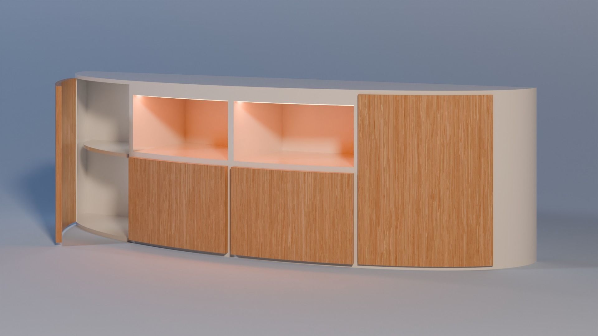 Curved tv stand in white and light wood 3D model_5