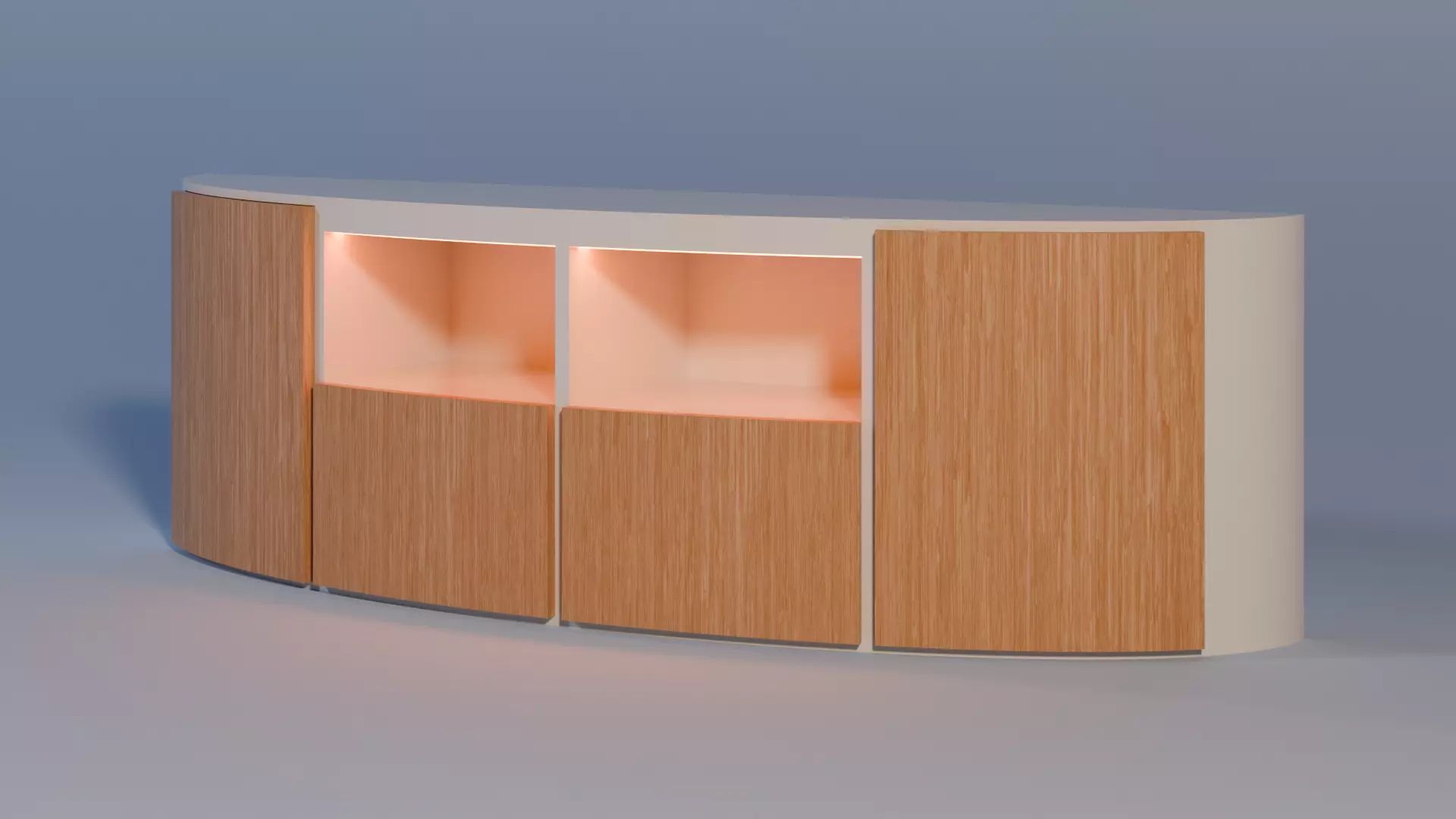 Curved tv stand in white and light wood 3D model_0