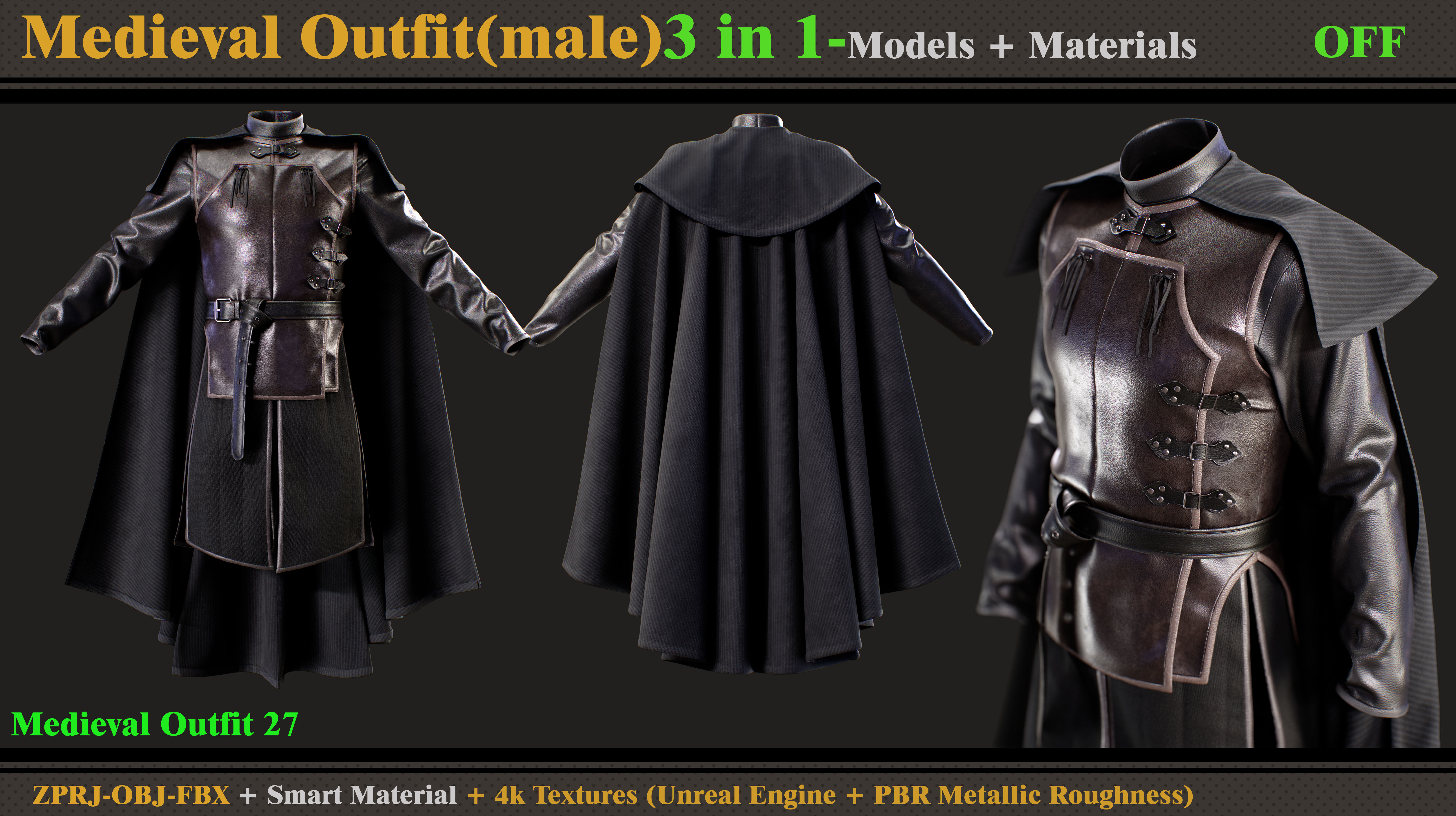 3 in 1 Medieval Outfit-Clo3d -OBJ - FBX -Material - Textures 3D model_1