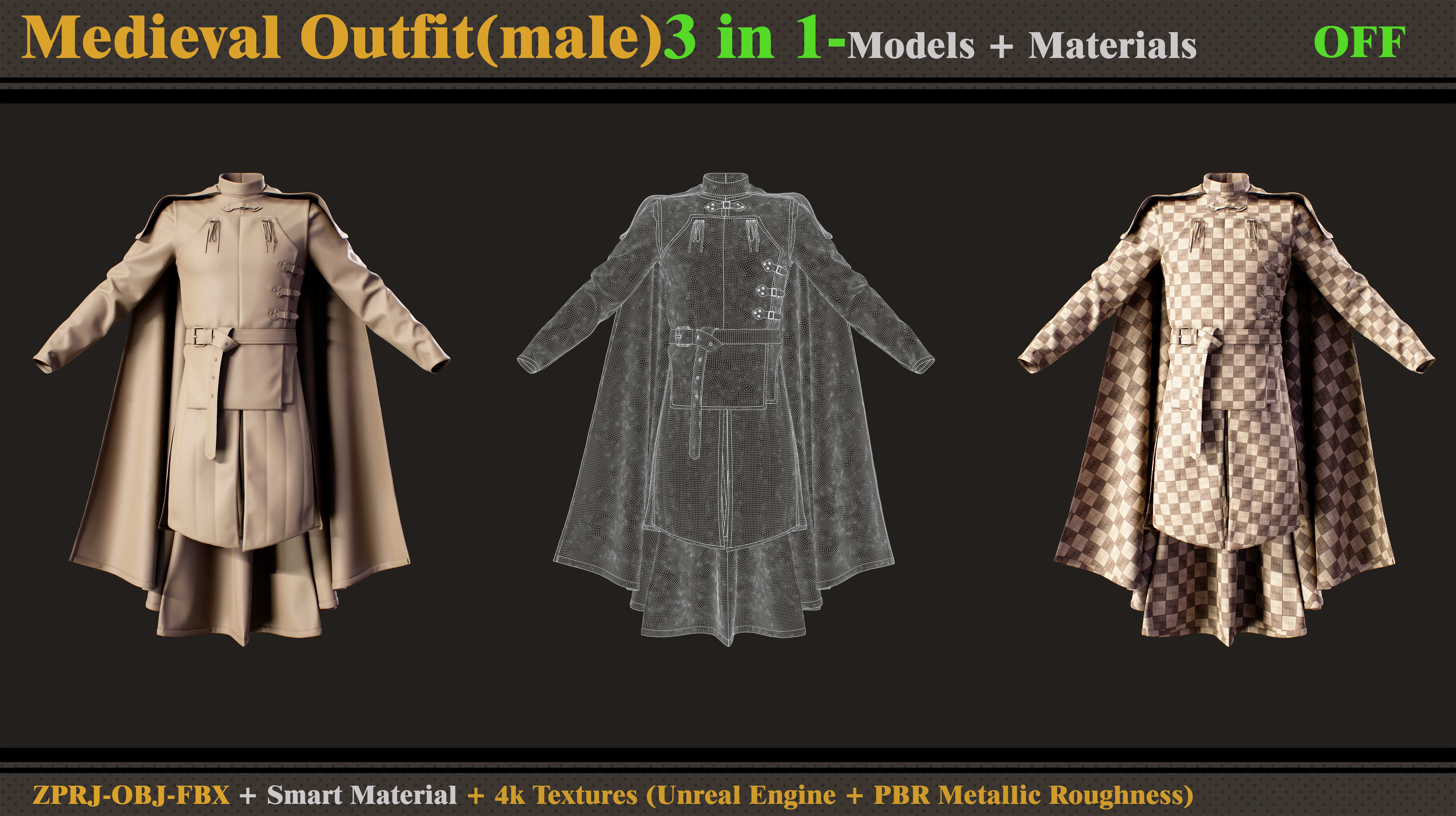 3 in 1 Medieval Outfit-Clo3d -OBJ - FBX -Material - Textures 3D model_7