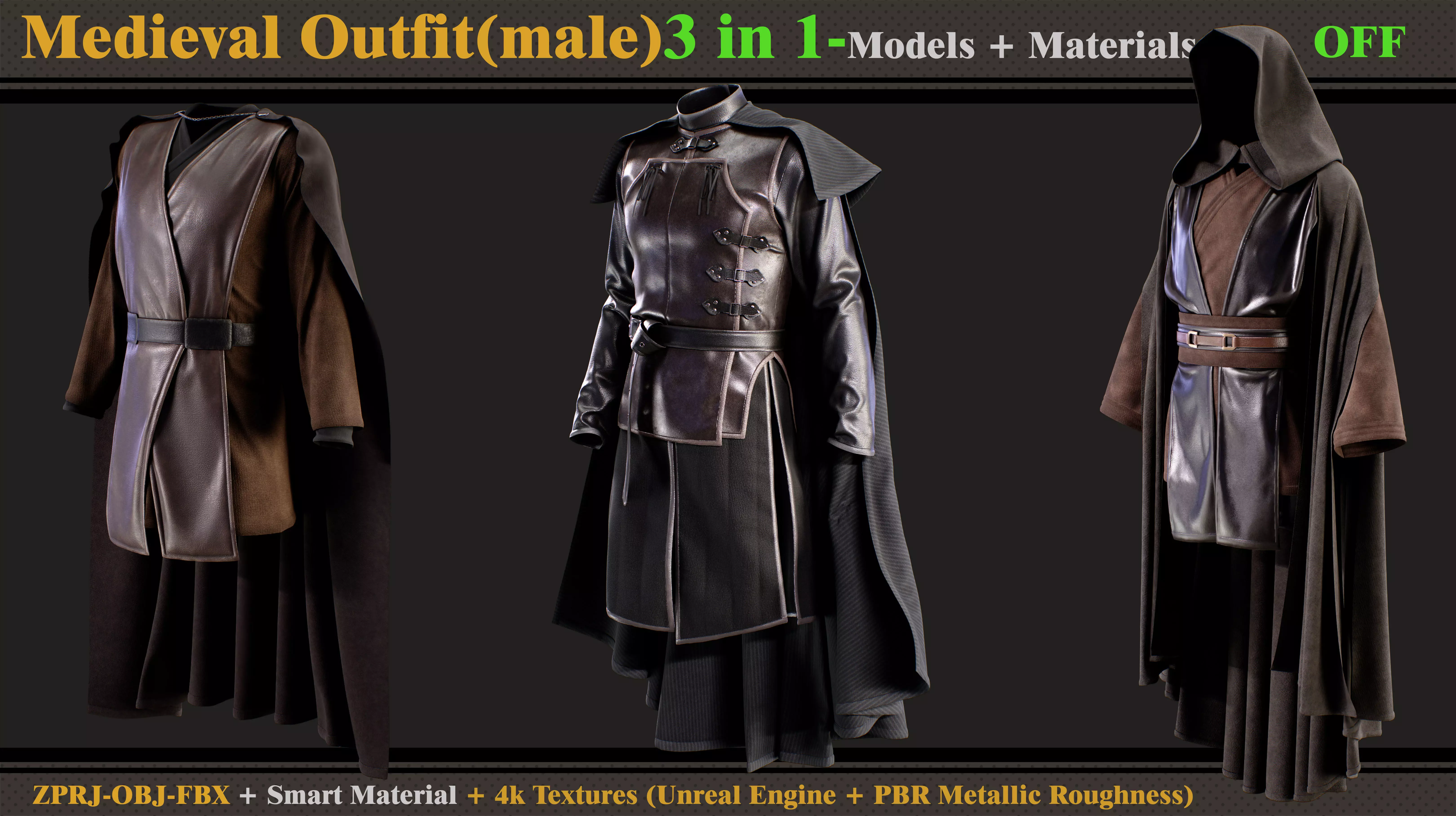 3 in 1 Medieval Outfit-Clo3d -OBJ - FBX -Material - Textures 3D model_0
