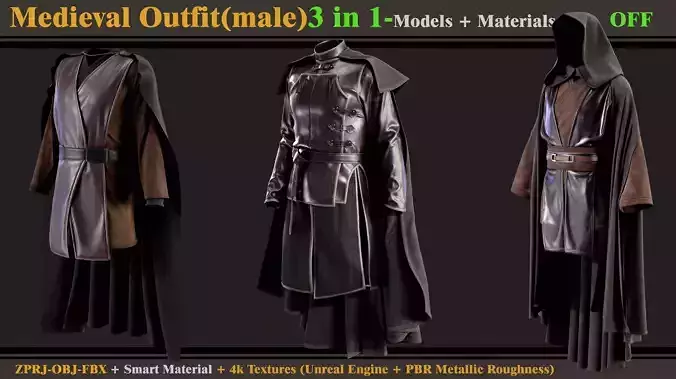 3 in 1 Medieval Outfit-Clo3d -OBJ - FBX -Material - Textures 3D model