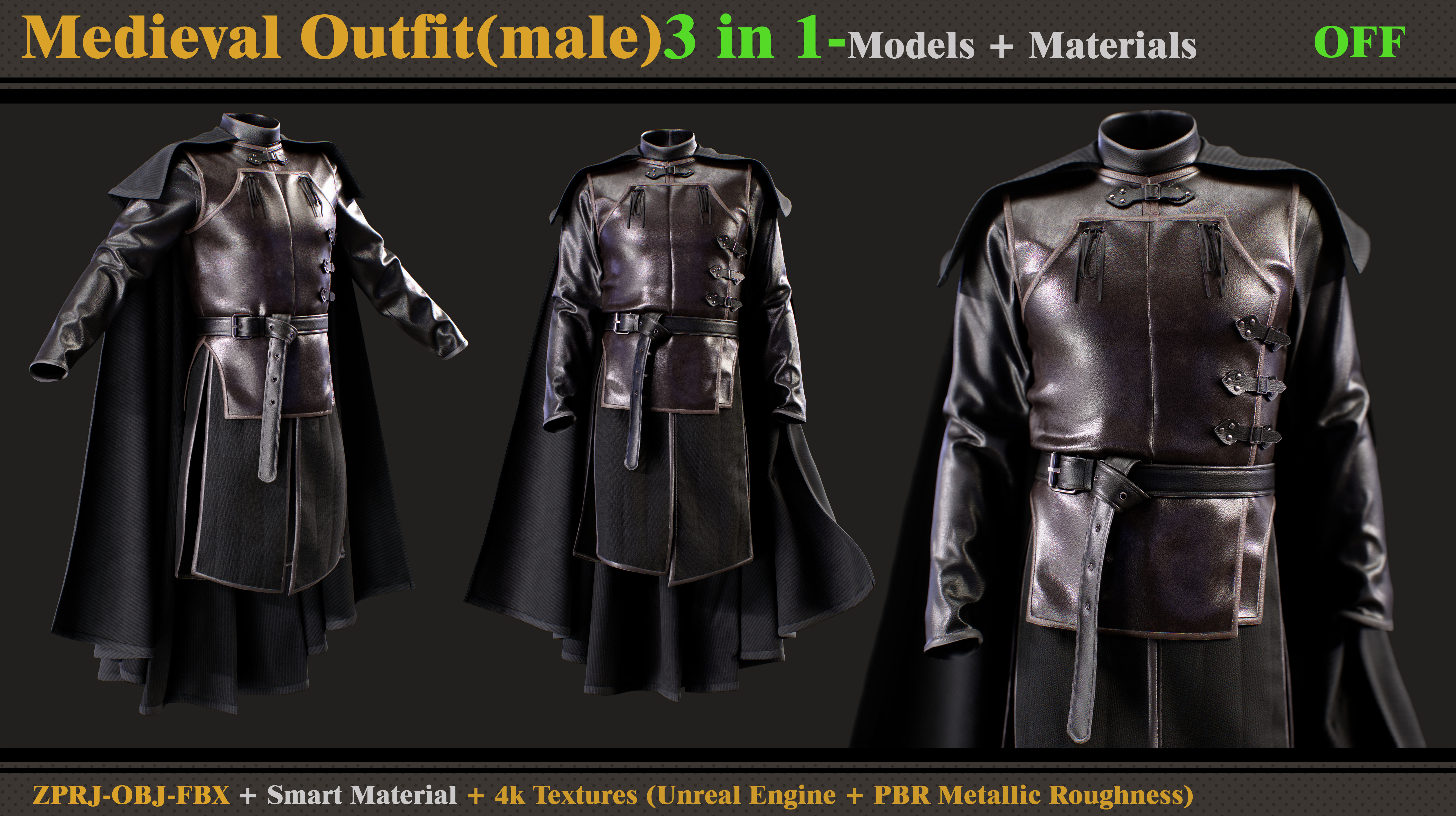 3 in 1 Medieval Outfit-Clo3d -OBJ - FBX -Material - Textures 3D model_4
