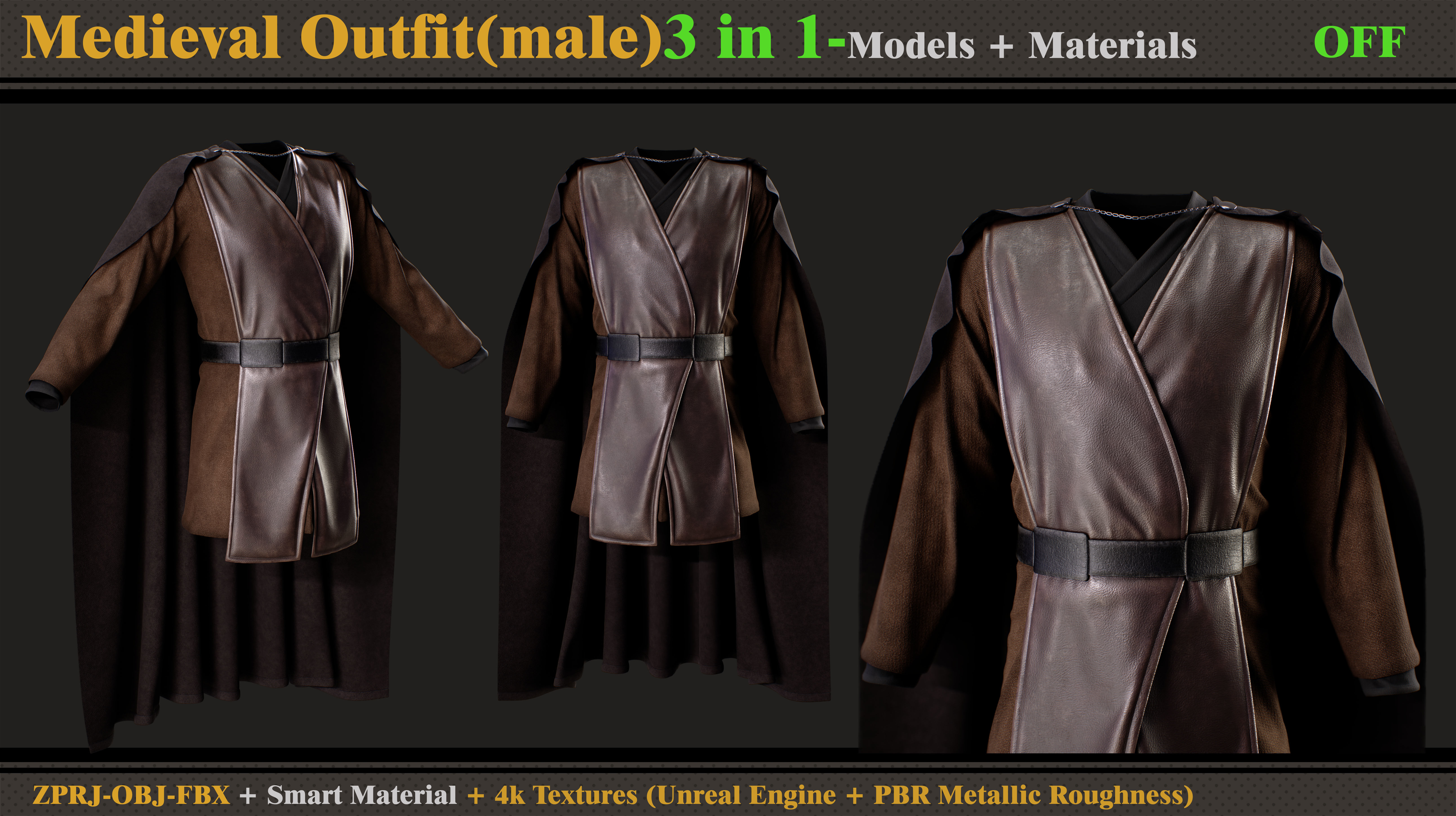 3 in 1 Medieval Outfit-Clo3d -OBJ - FBX -Material - Textures 3D model_6