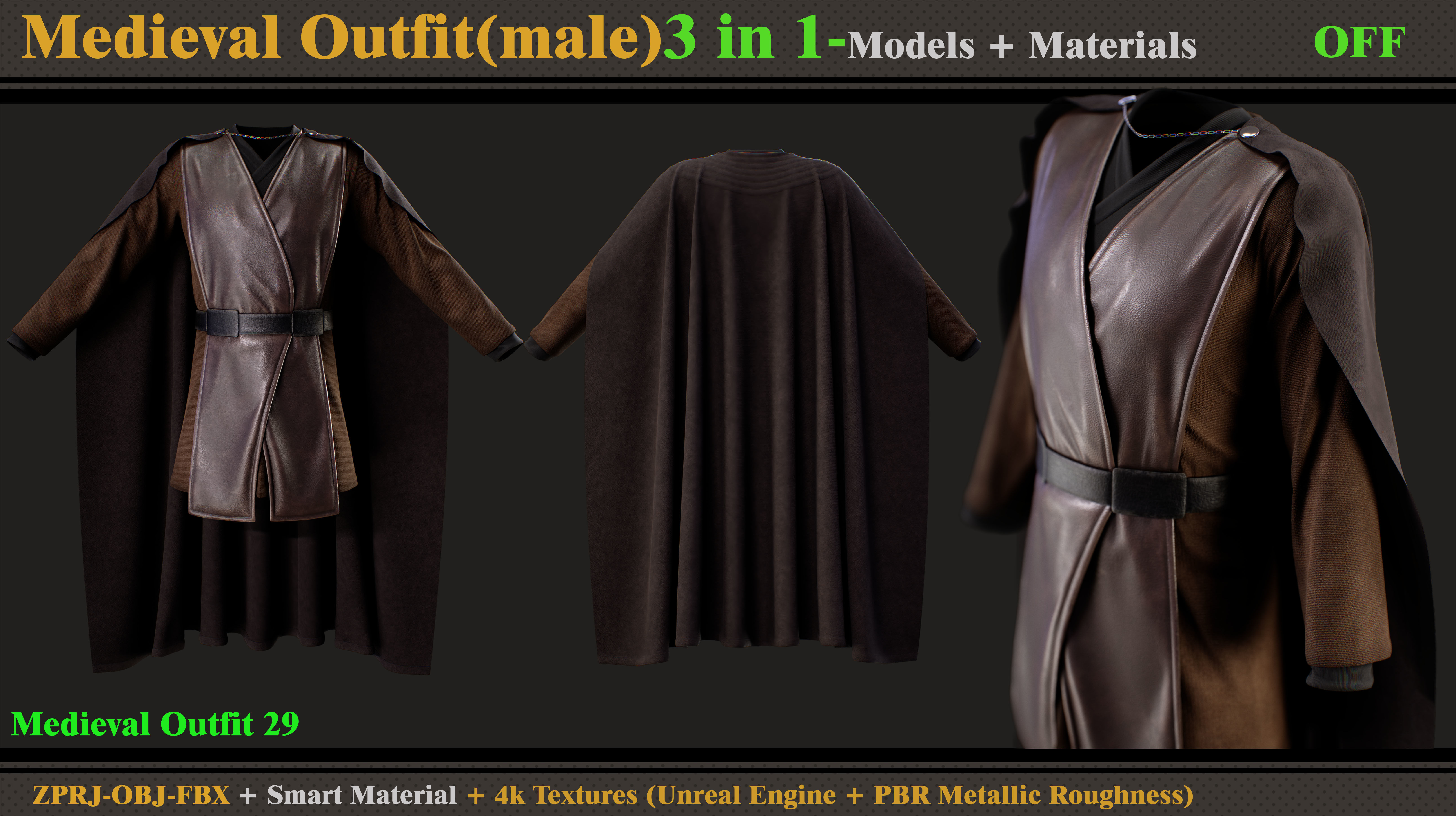 3 in 1 Medieval Outfit-Clo3d -OBJ - FBX -Material - Textures 3D model_3