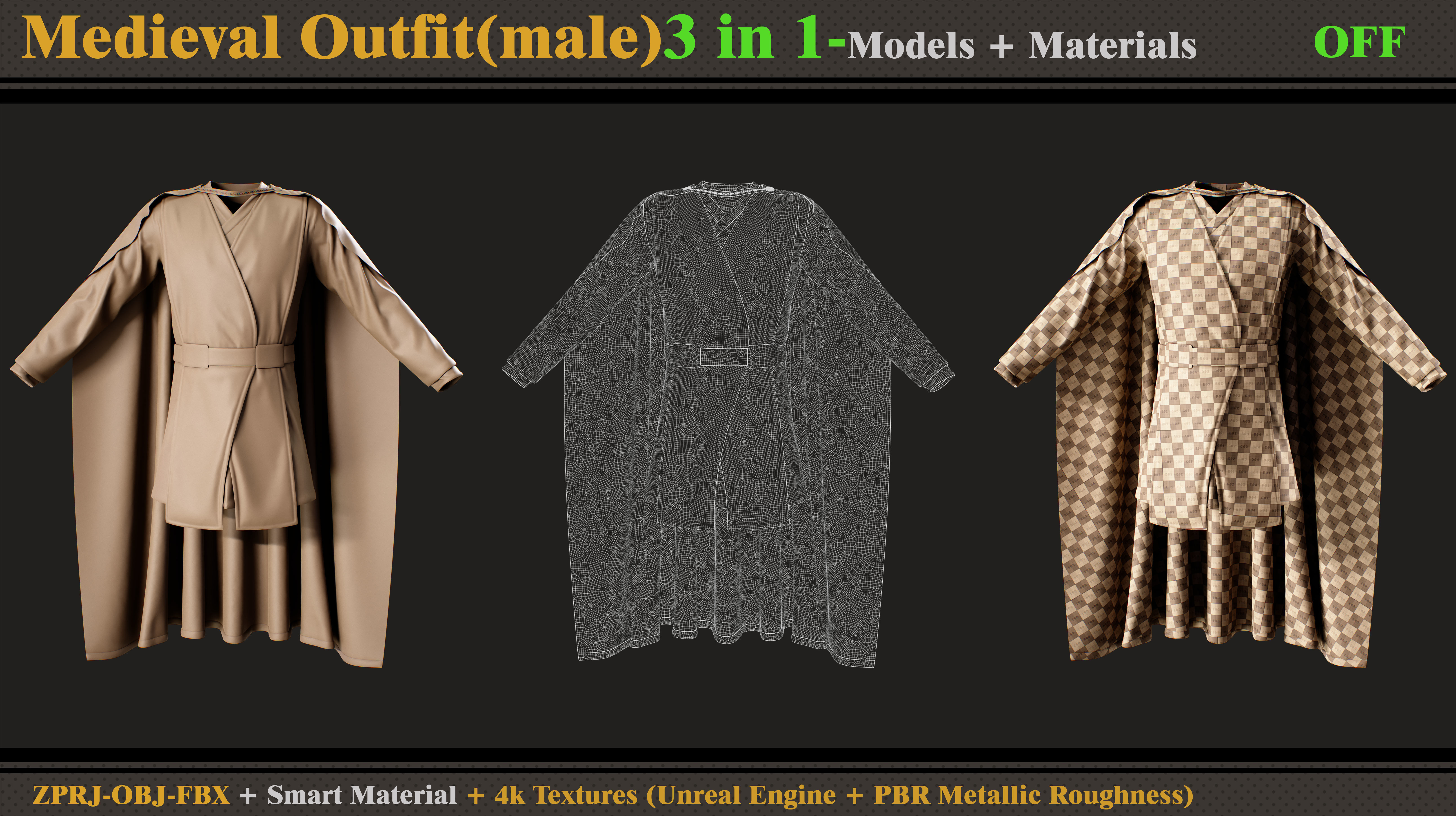 3 in 1 Medieval Outfit-Clo3d -OBJ - FBX -Material - Textures 3D model_9