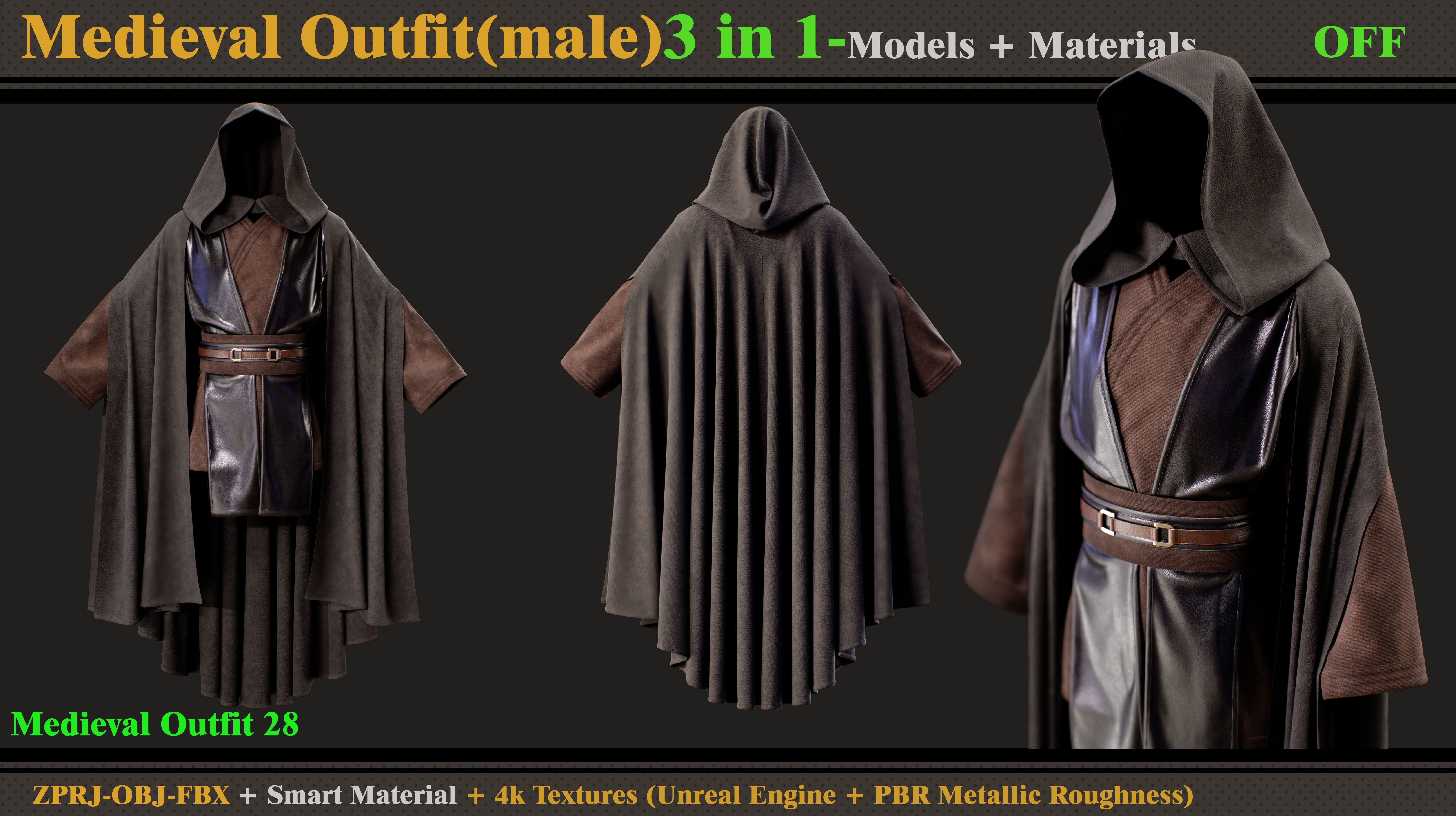 3 in 1 Medieval Outfit-Clo3d -OBJ - FBX -Material - Textures 3D model_2
