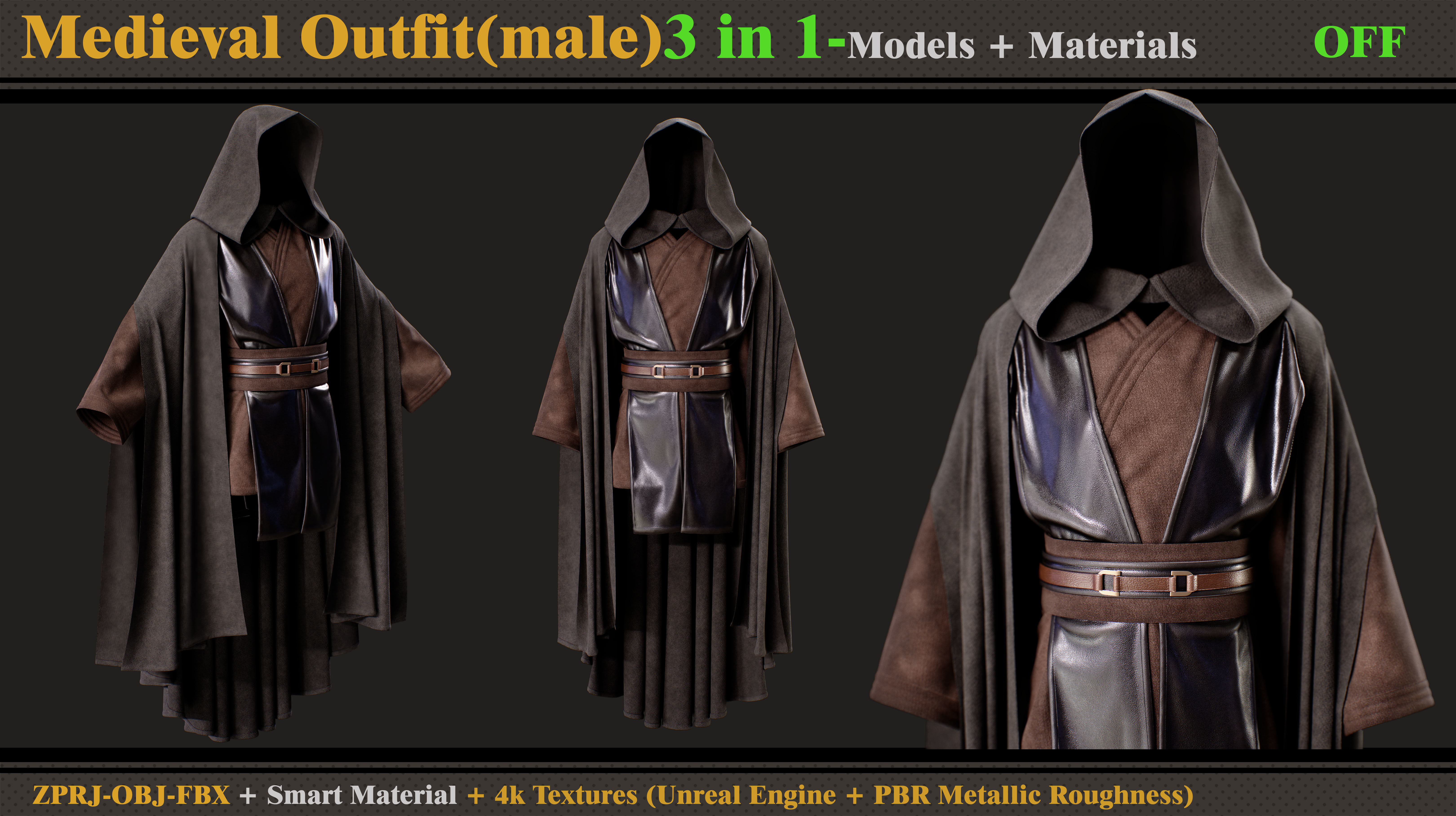 3 in 1 Medieval Outfit-Clo3d -OBJ - FBX -Material - Textures 3D model_5
