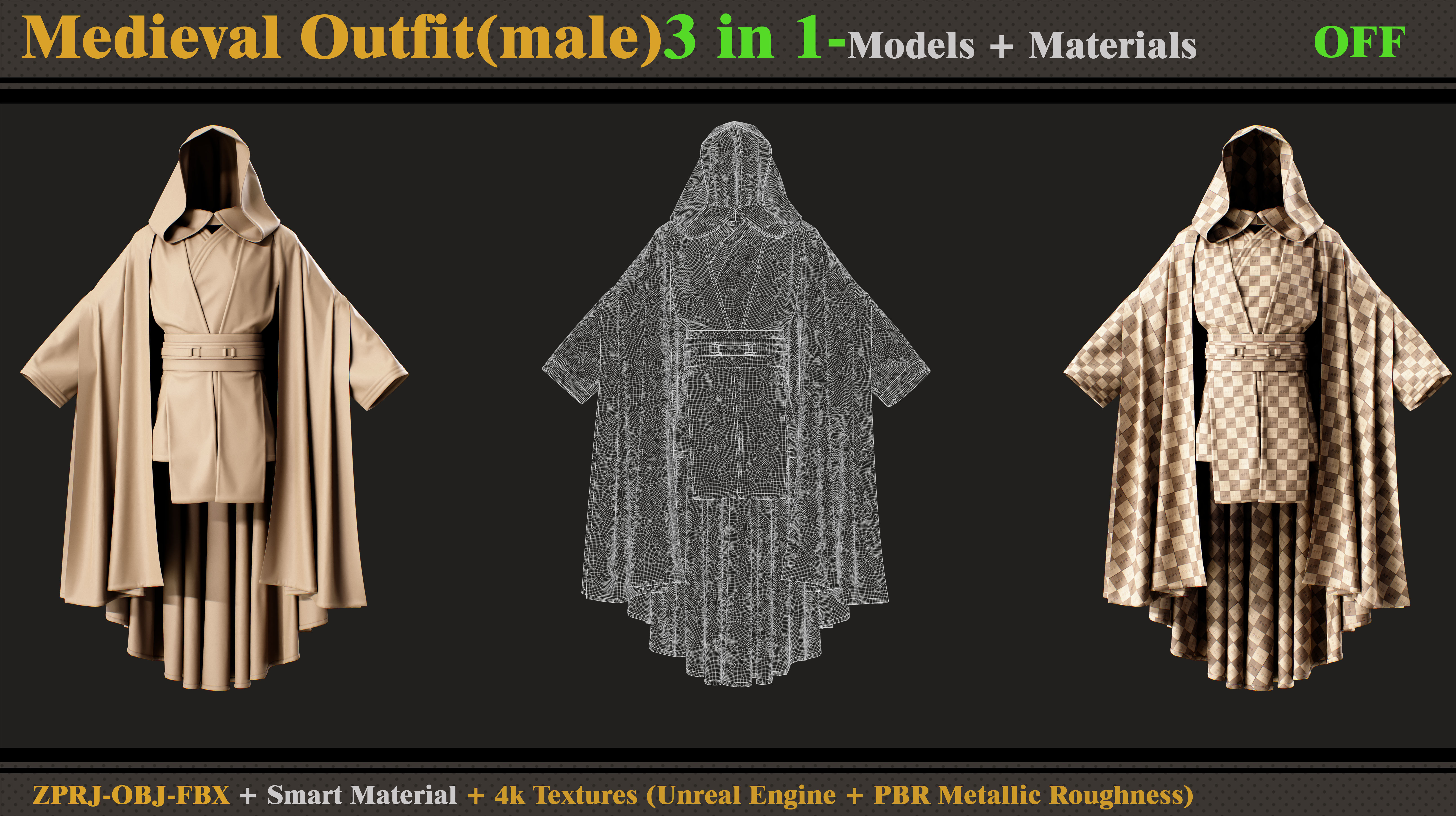 3 in 1 Medieval Outfit-Clo3d -OBJ - FBX -Material - Textures 3D model_8