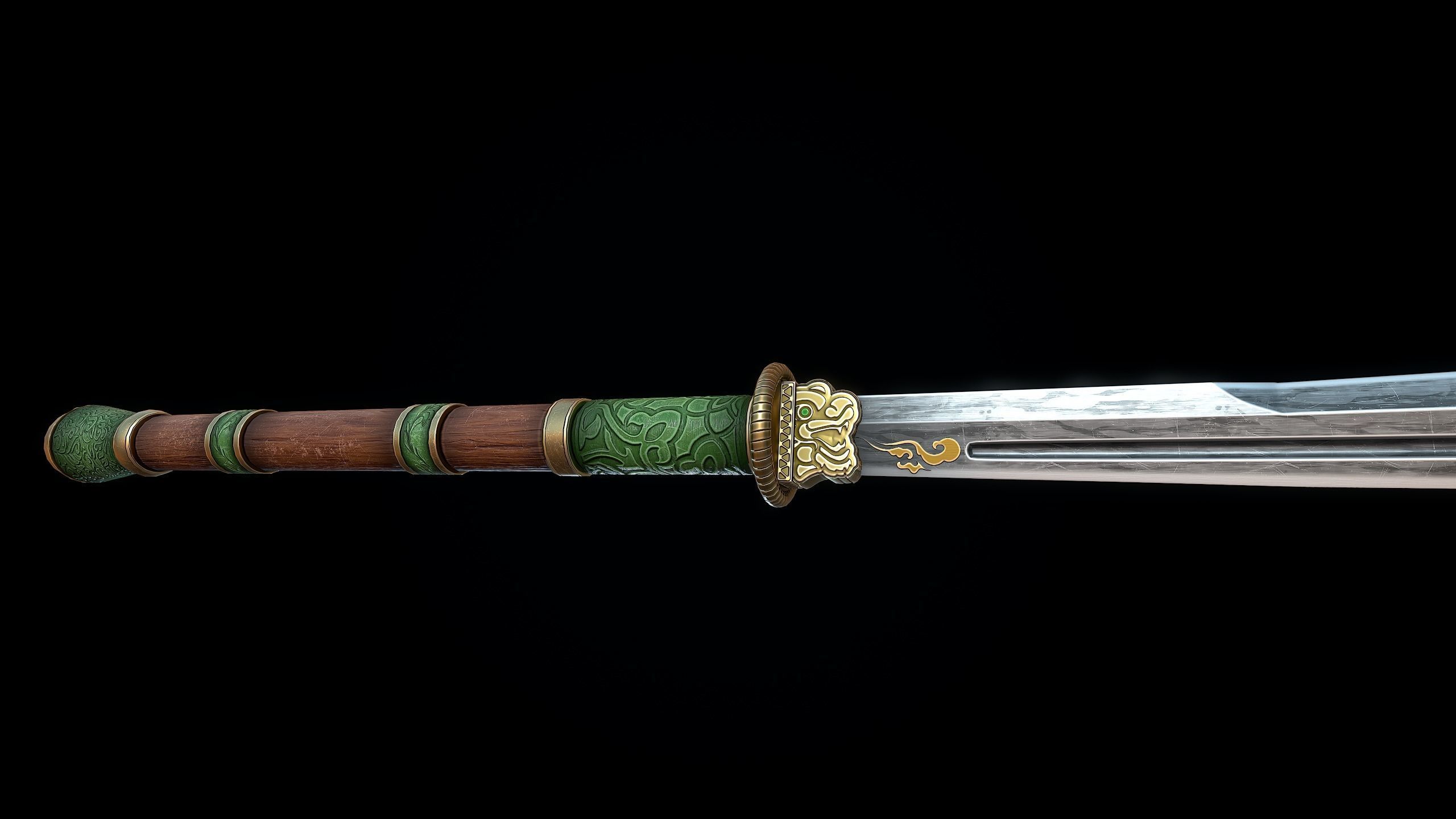 Jade Curved Sword Low-poly 3D model_5