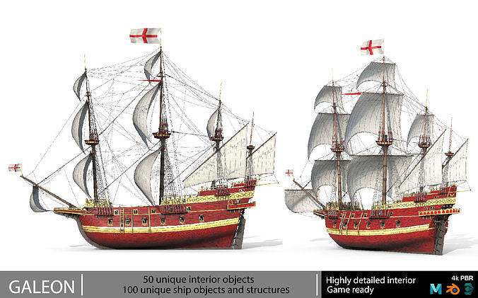 This 3D Galleon red  includes a fully detailed interior 04