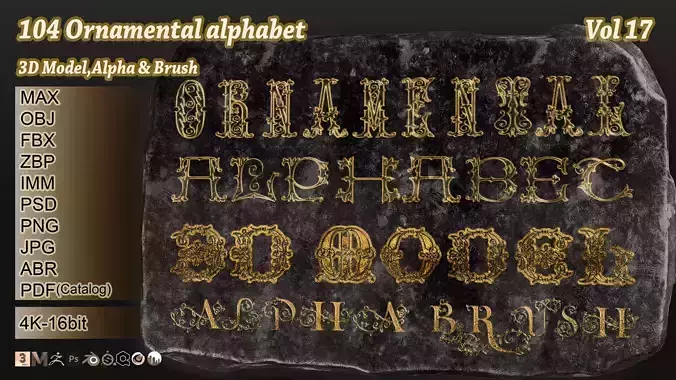 104 Ornamental alphabet 3D Model alpha and brush vol 17