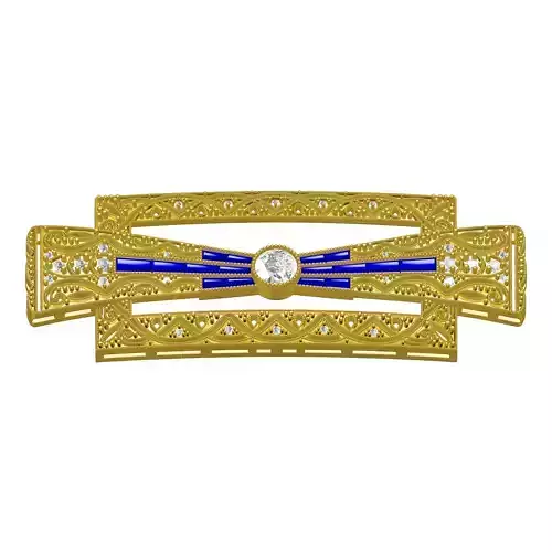 Blue Sapphire Baguette and Round Diamond Art Deco Brooch