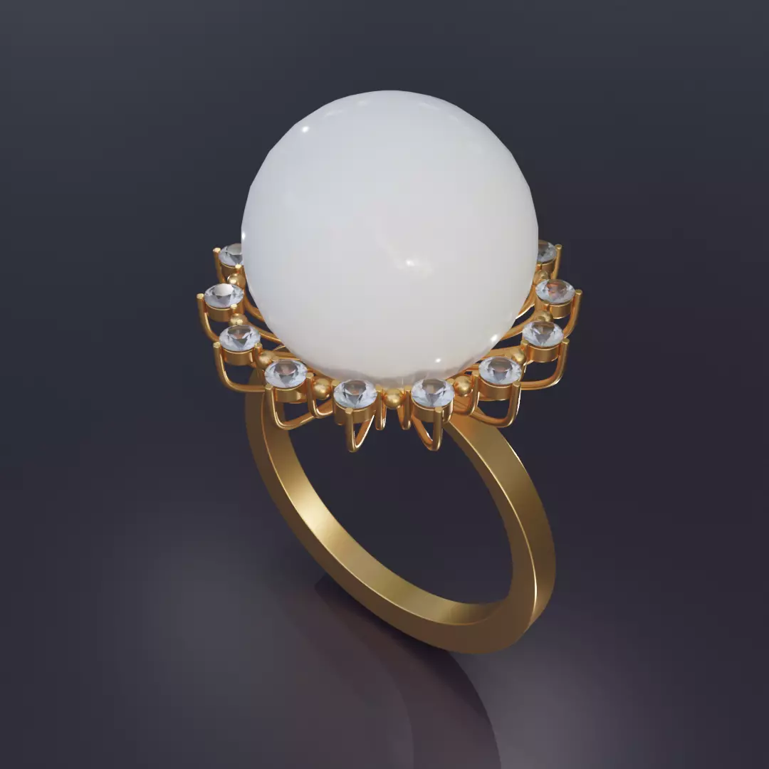 Gold ring with pearls and diamonds 3D print model_0