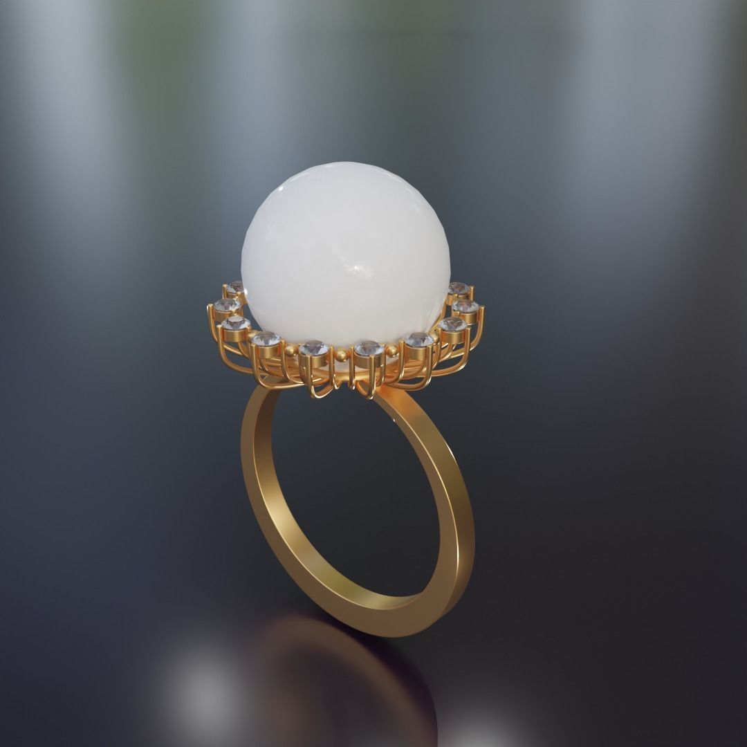 Gold ring with pearls and diamonds 3D print model_1
