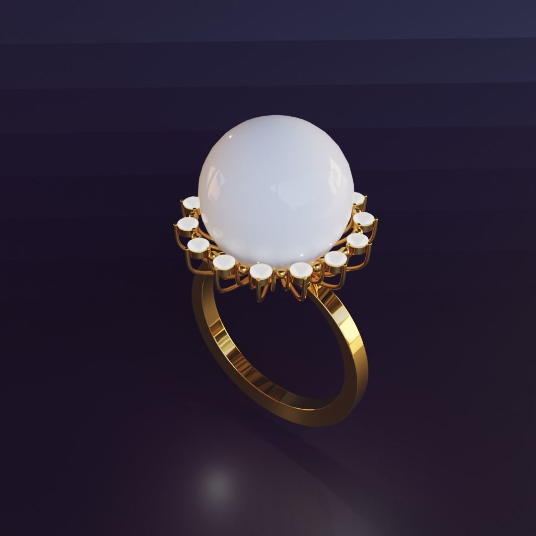 Gold ring with pearls and diamonds 3D print model_2