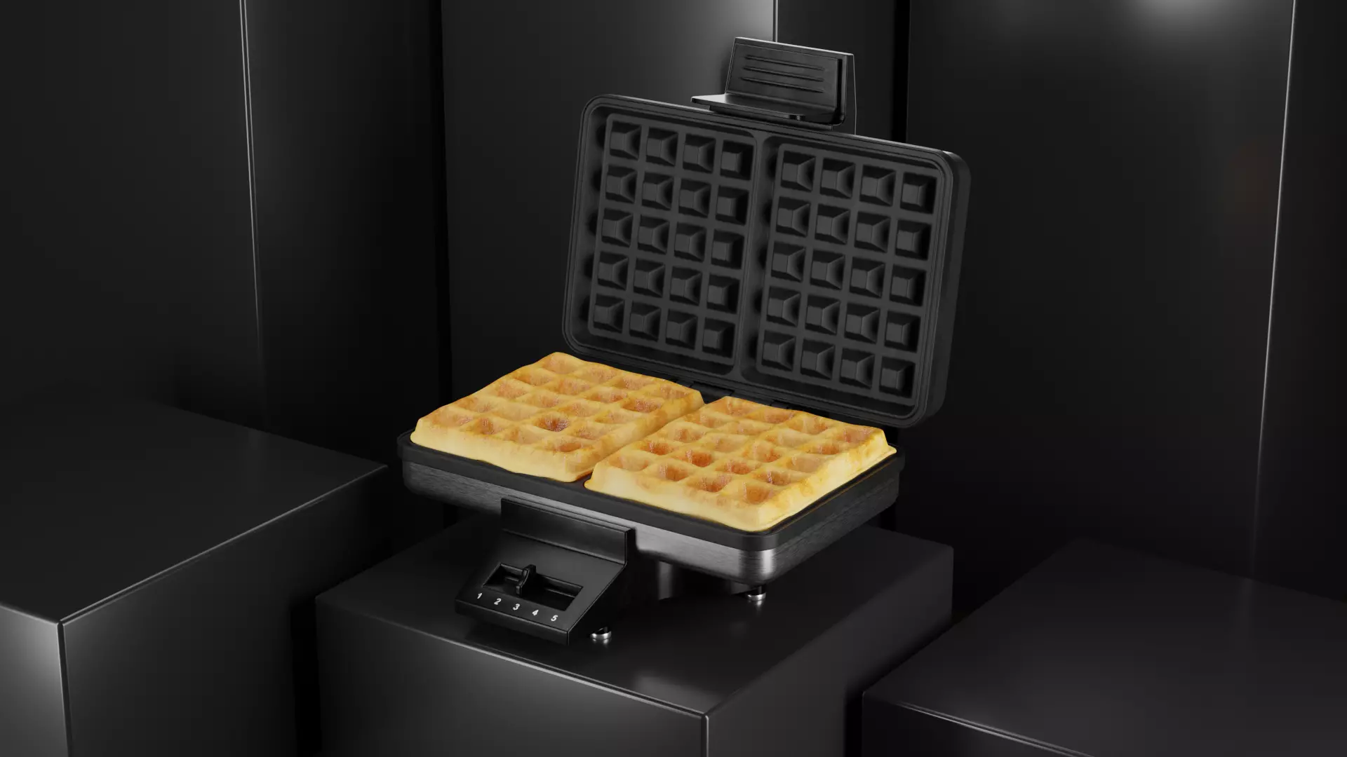 Stylish waffle iron with waffles 3D model_0