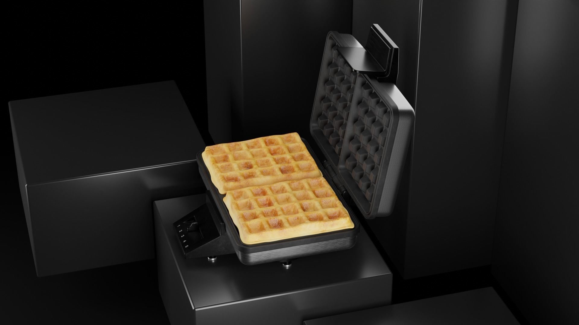 Stylish waffle iron with waffles 3D model_5