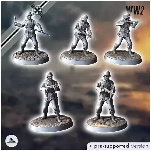 Set of five German WW2 infantry troops with MP40 and K98k 1 3D print model