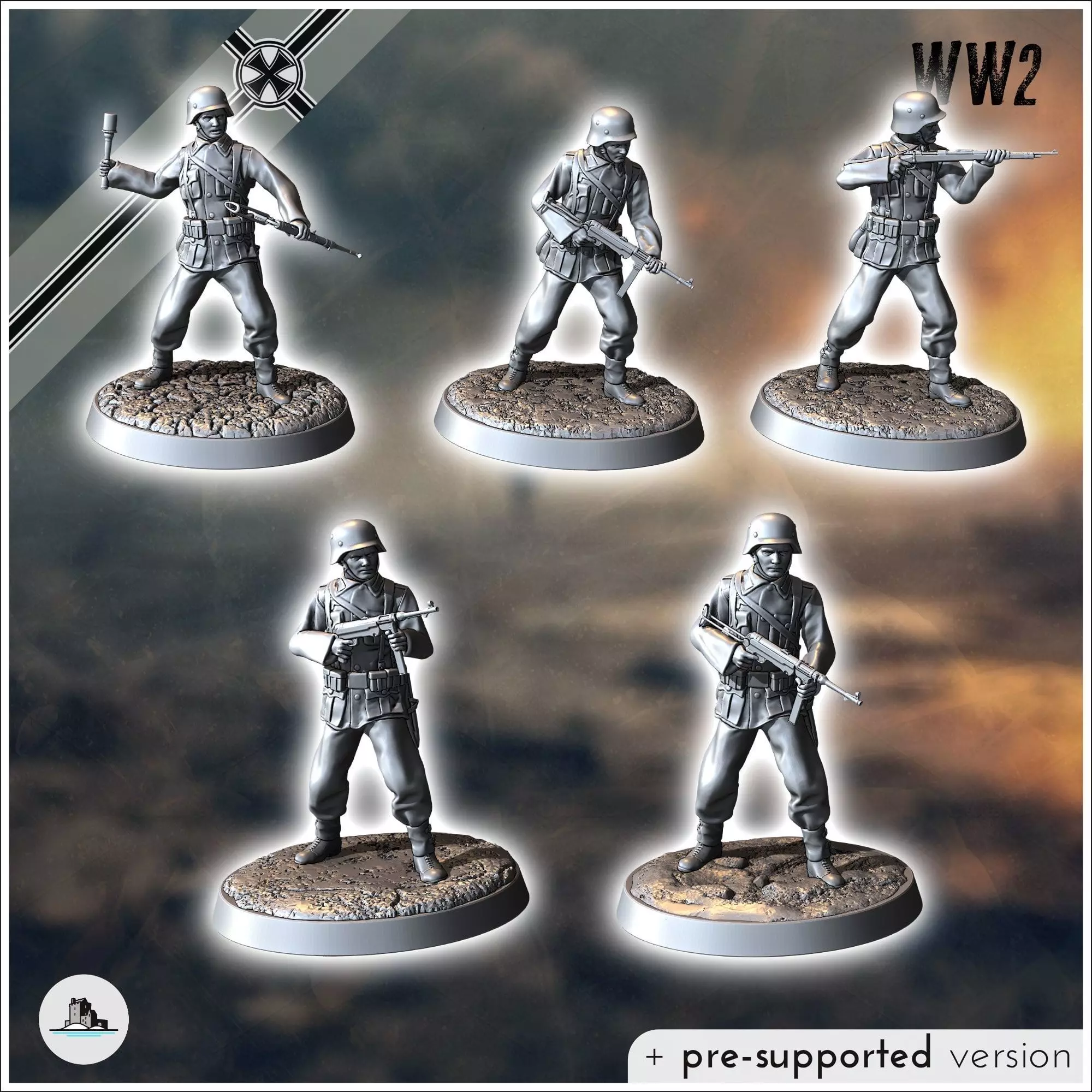 Set of five German WW2 infantry troops with MP40 and K98k 1 3D print model_0