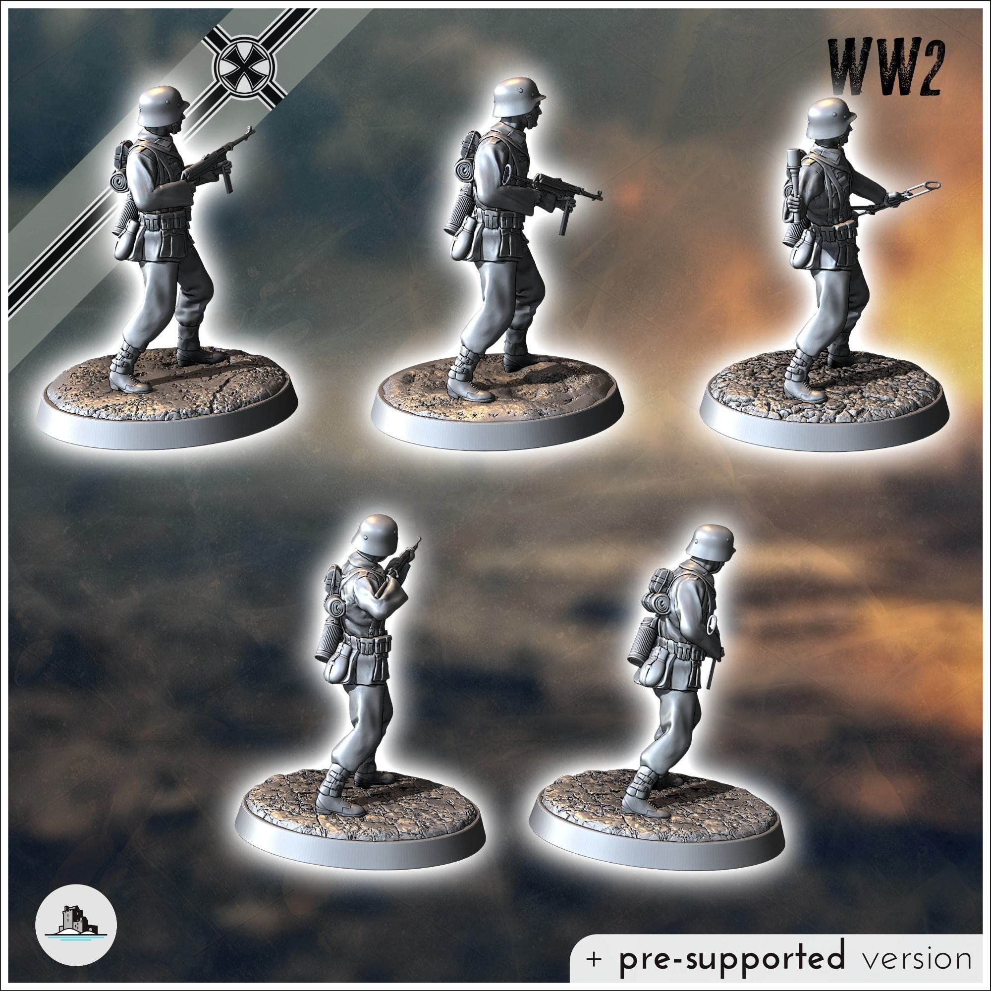 Set of five German WW2 infantry troops with MP40 and K98k 1 3D print model_2