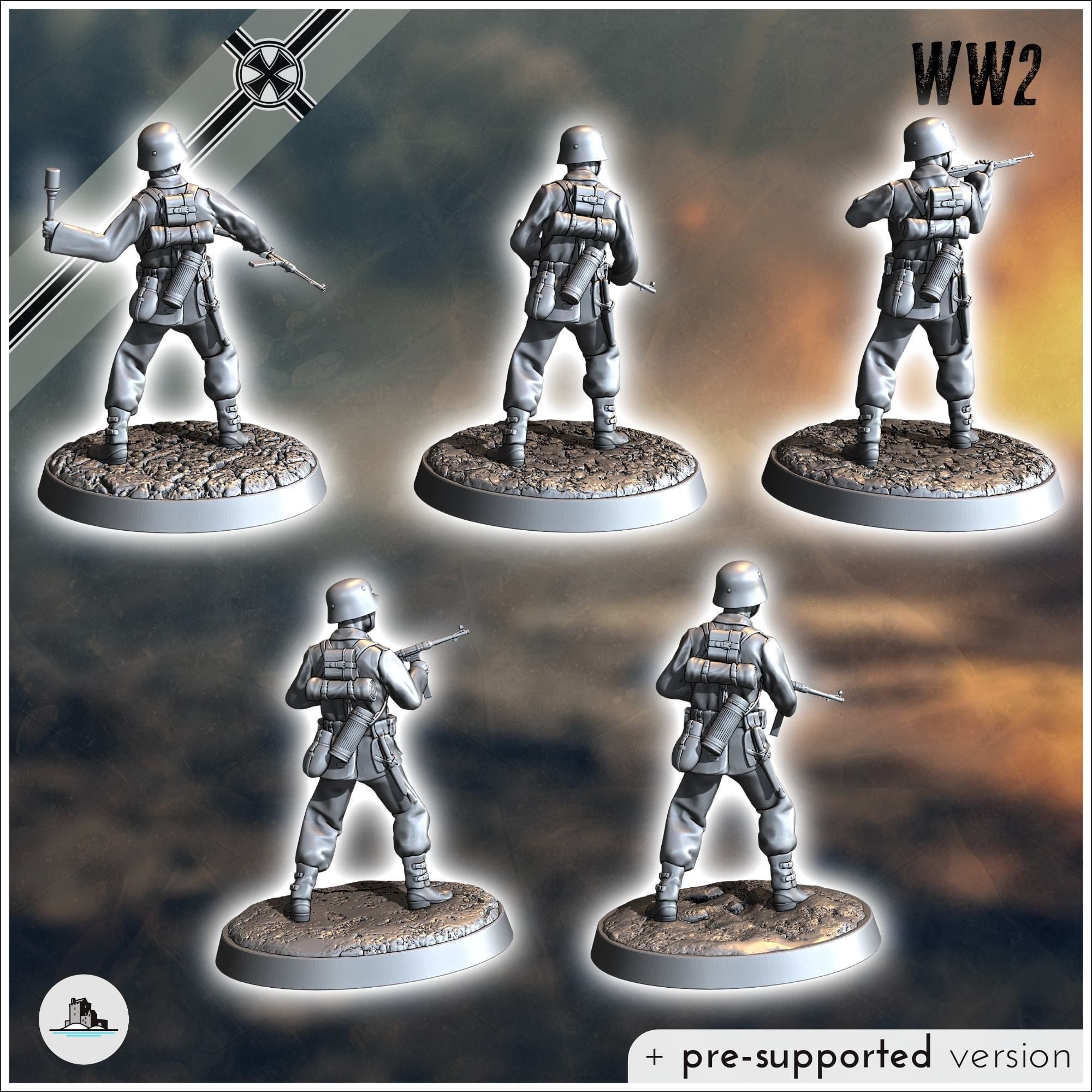 Set of five German WW2 infantry troops with MP40 and K98k 1 3D print model_1
