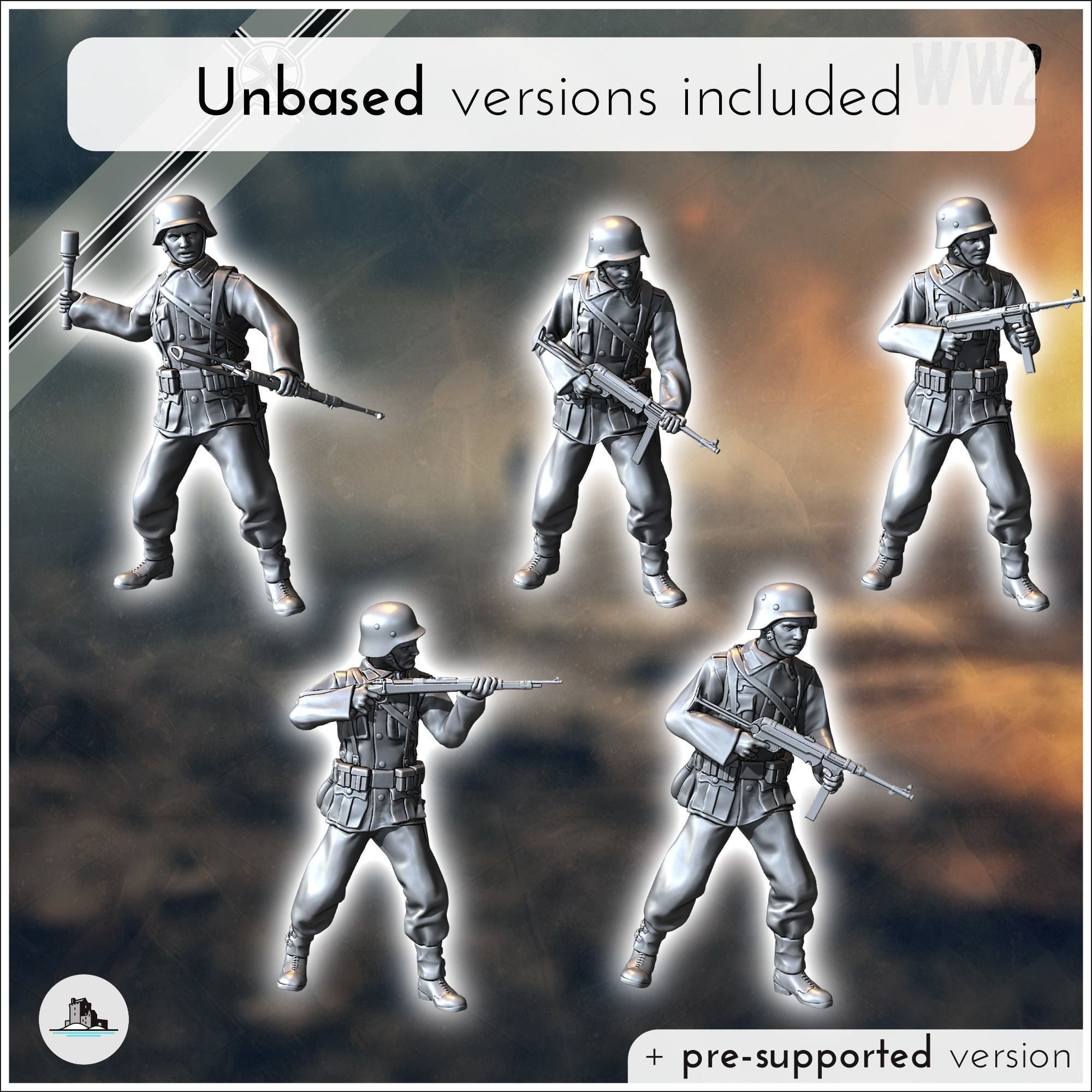 Set of five German WW2 infantry troops with MP40 and K98k 1 3D print model_4