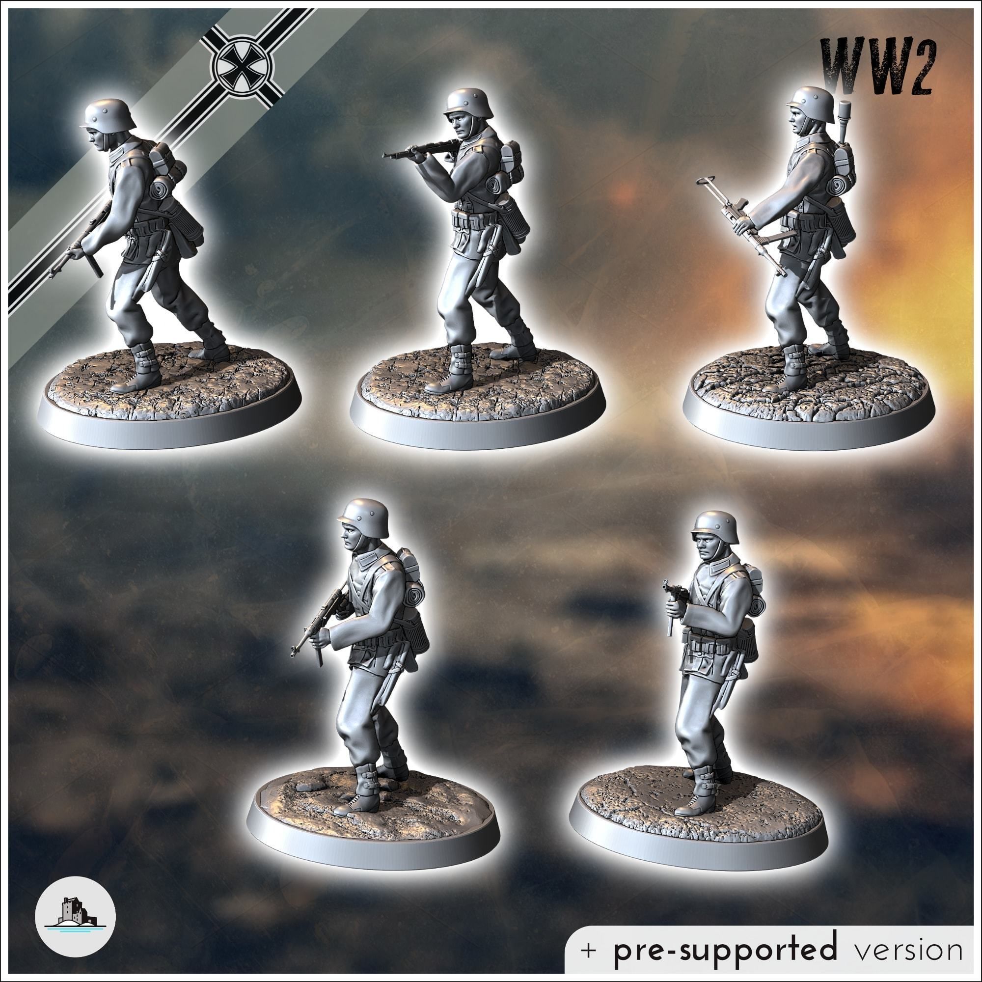 Set of five German WW2 infantry troops with MP40 and K98k 1 3D print model_3