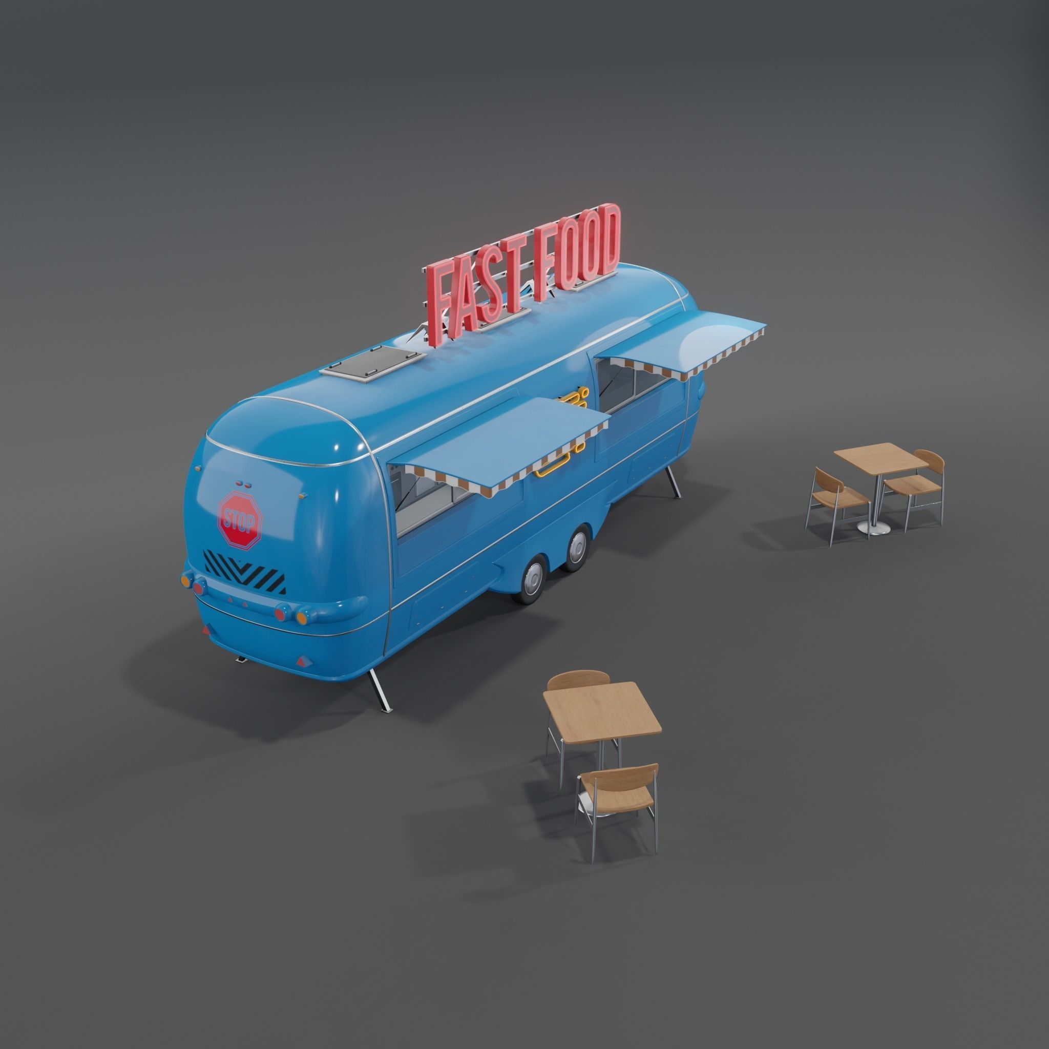 Blue Fast Food Trailer  Low-poly 3D model_2