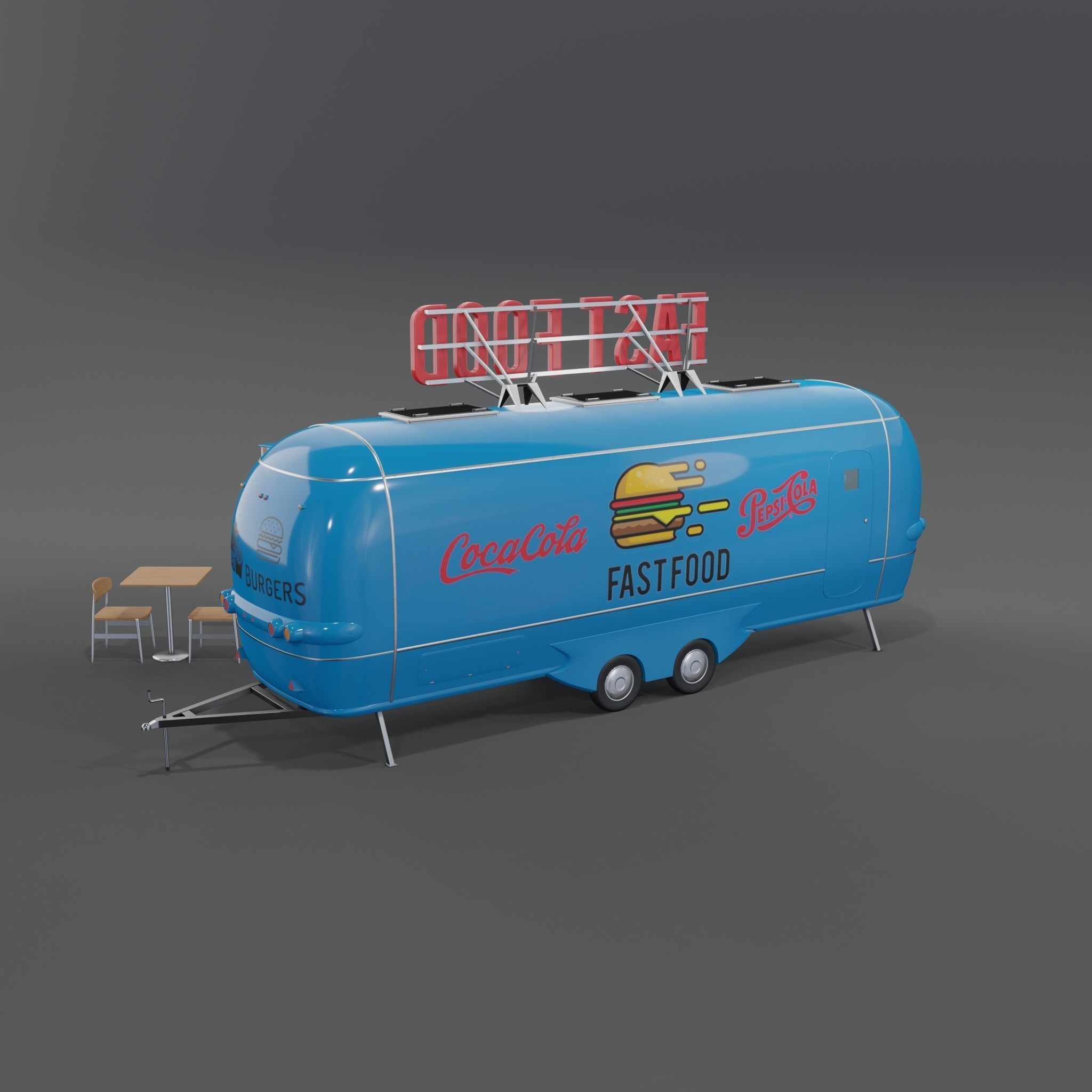 Blue Fast Food Trailer  Low-poly 3D model_1