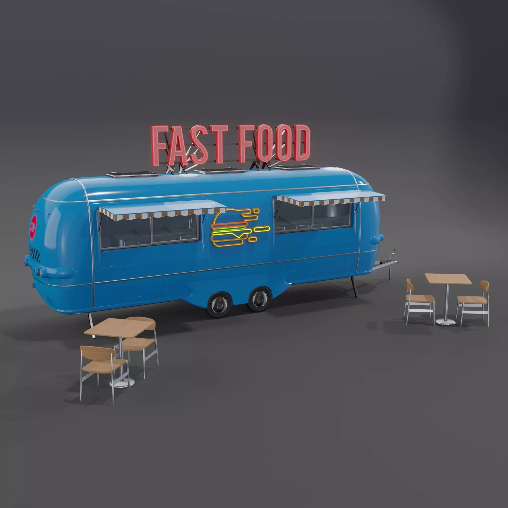 Blue Fast Food Trailer  Low-poly 3D model_0