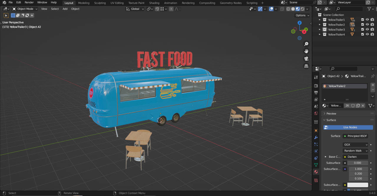 Blue Fast Food Trailer  Low-poly 3D model_6