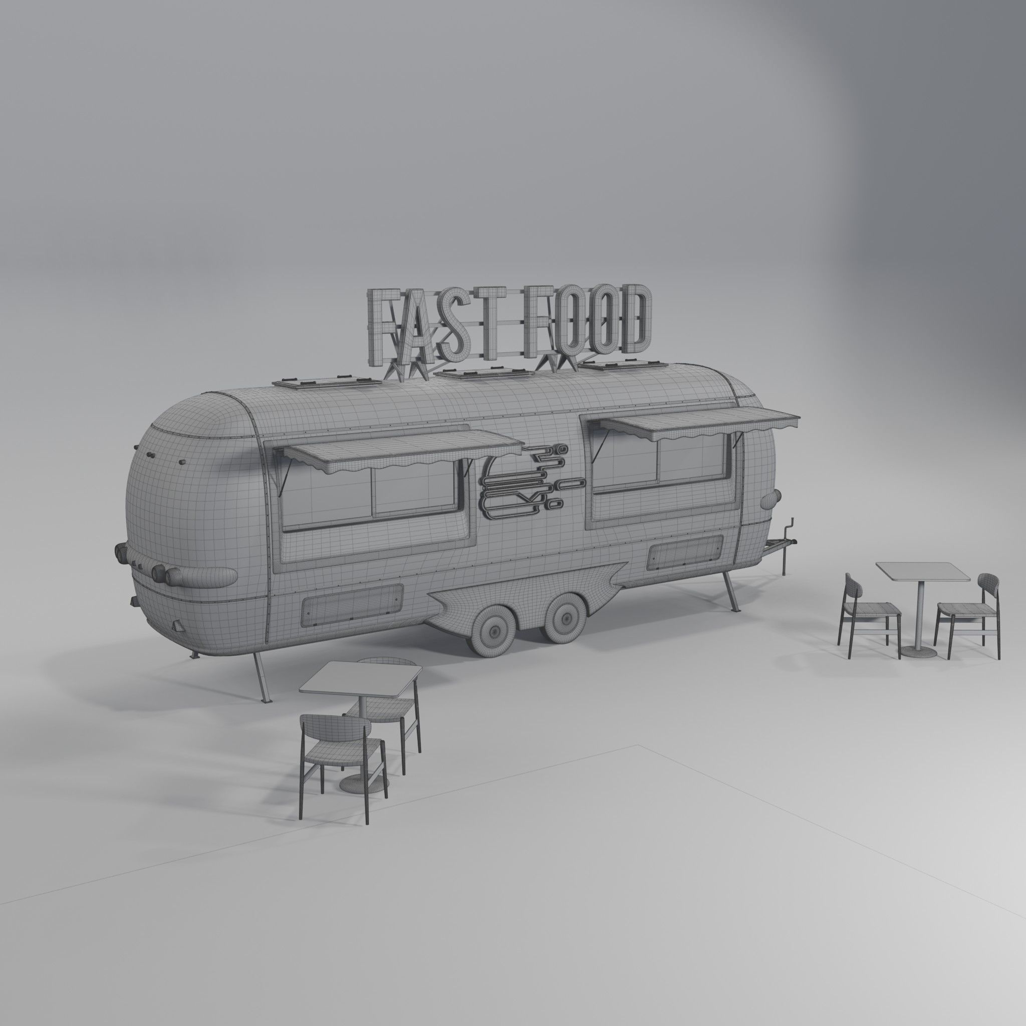 Blue Fast Food Trailer  Low-poly 3D model_5
