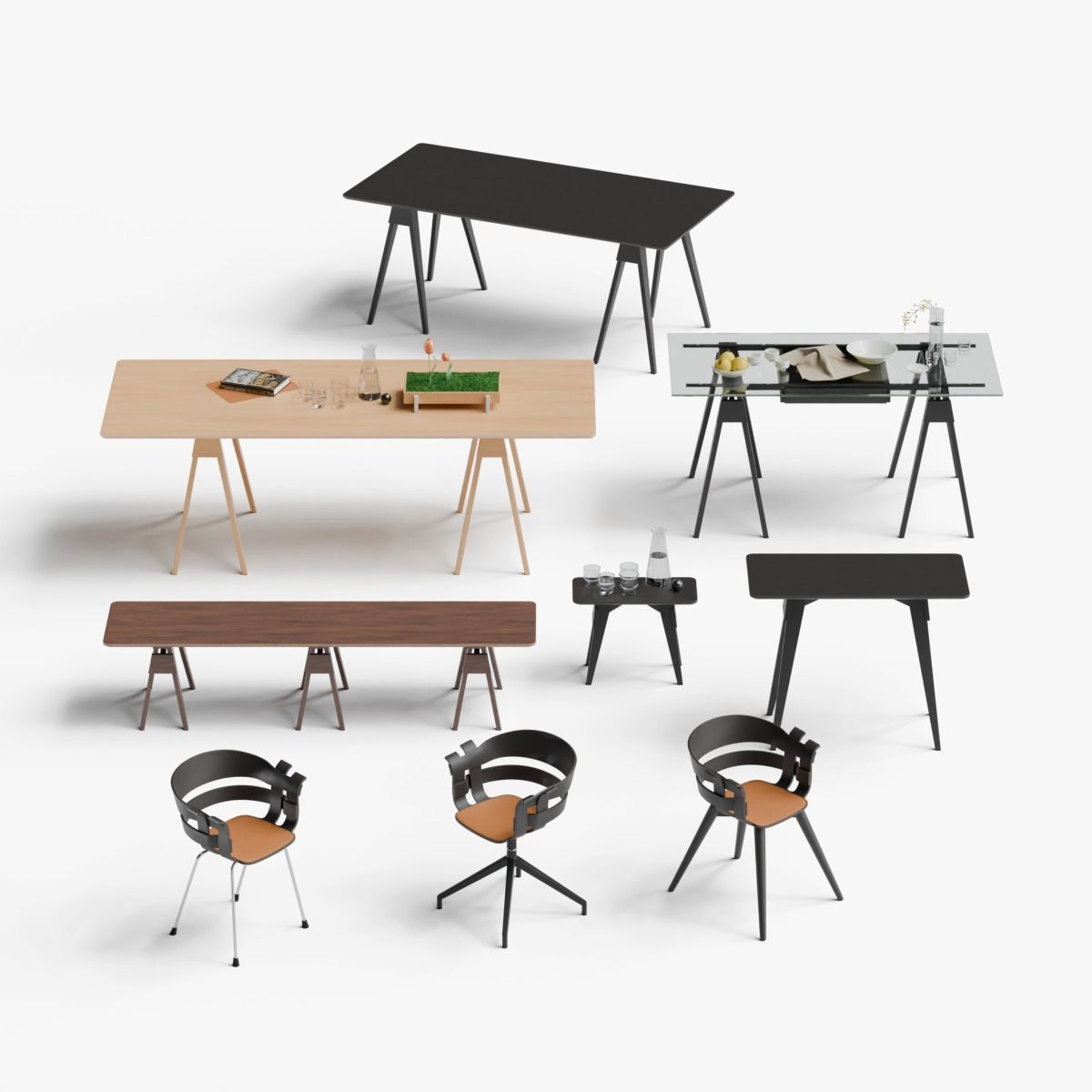 Arco table and Wick chair set 3D model_13