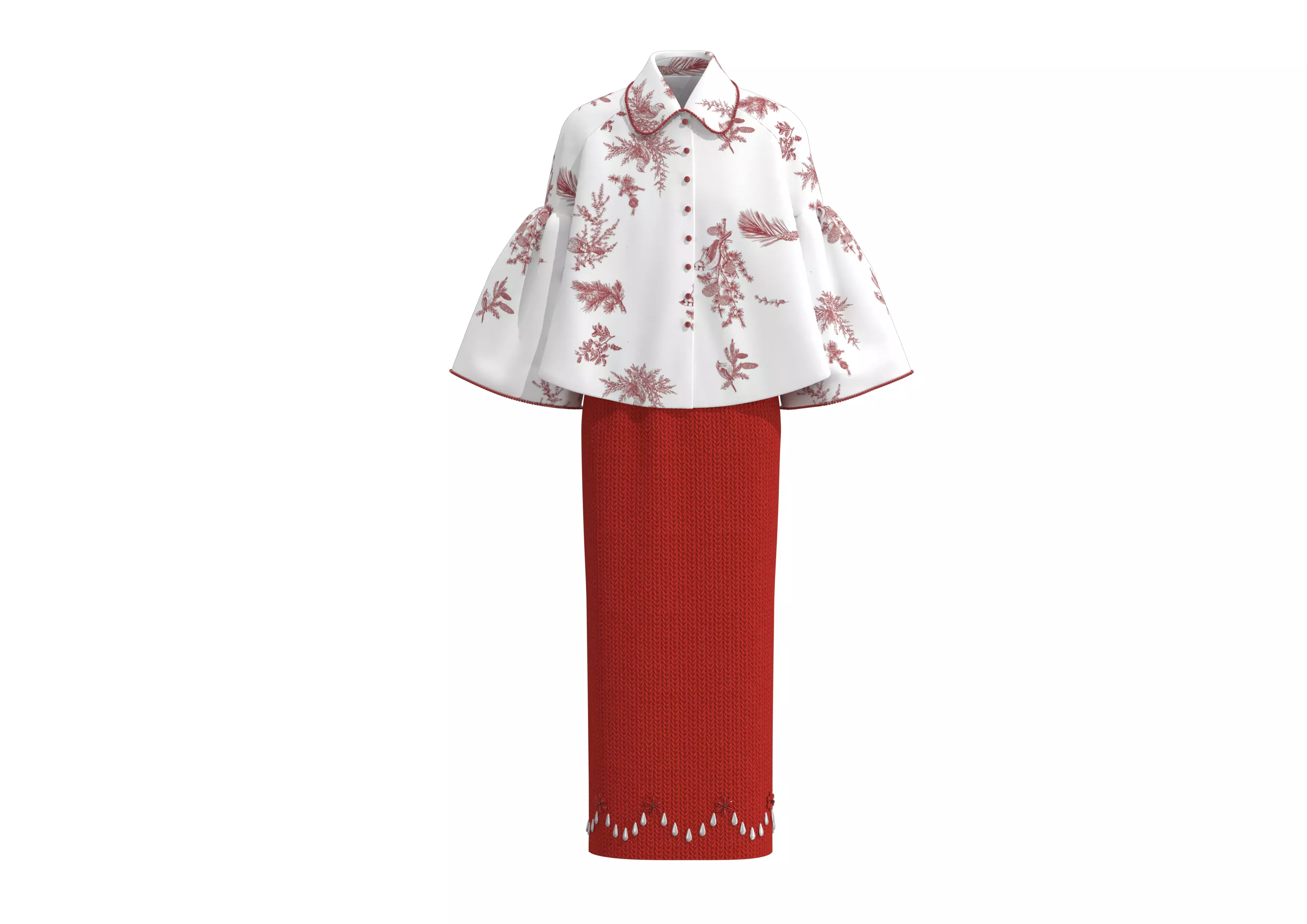New Chinese-style trumpet-sleeve top with skirt Free low-poly 3D model