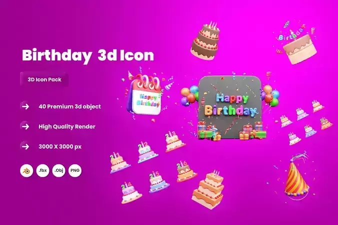 Birthday 3d Illustration  Icon Pack