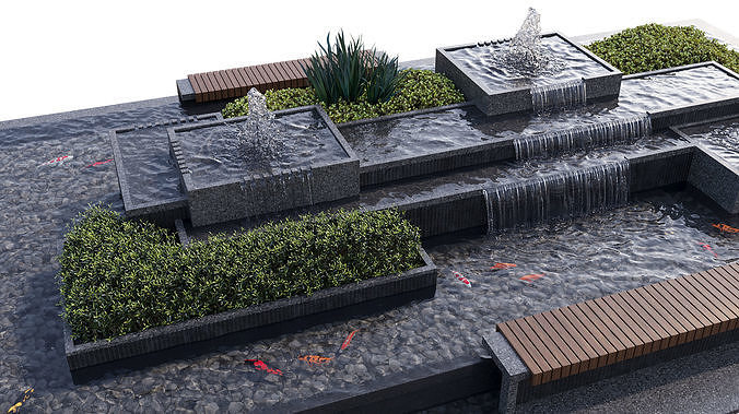 Landscaping Figure with Plants Waterfalls and Fish 2 3D model 3
