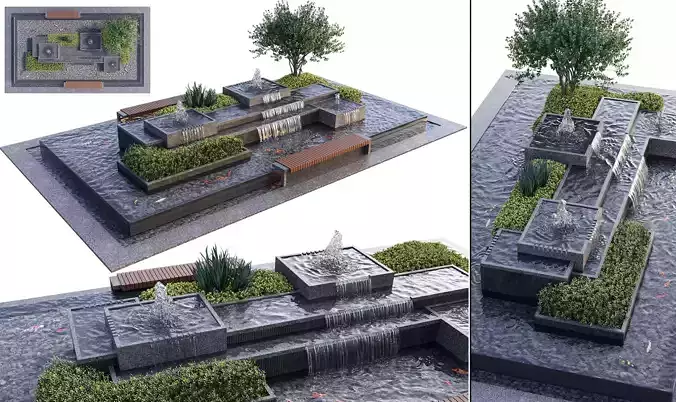 Landscaping Figure with Plants Waterfalls and Fish 2
