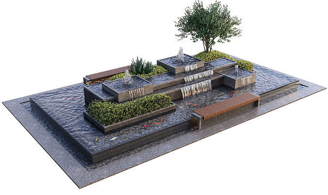 Landscaping Figure with Plants Waterfalls and Fish 2 3D model 2