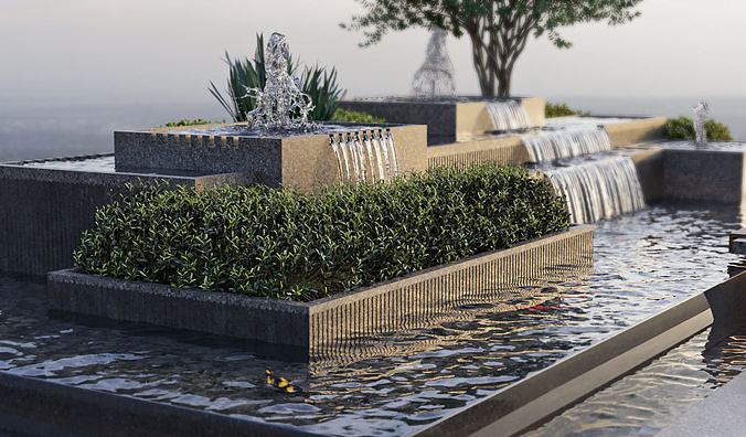 Landscaping Figure with Plants Waterfalls and Fish 2 3D model 4
