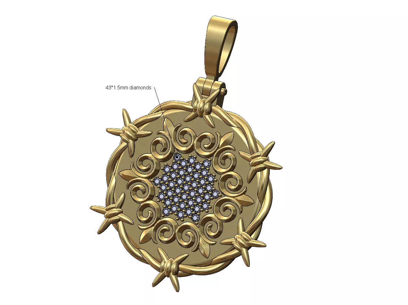 Diamond floral scroll barbwire thornes pendant with bail 3D print model