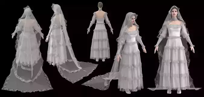 Victorian White Dress Bridal No 3 - A pose 3D model