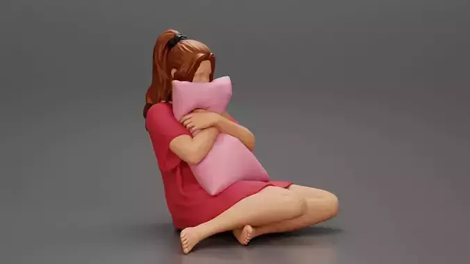 Girl scared holding a pillow watching a horror movie on TV 3D print model