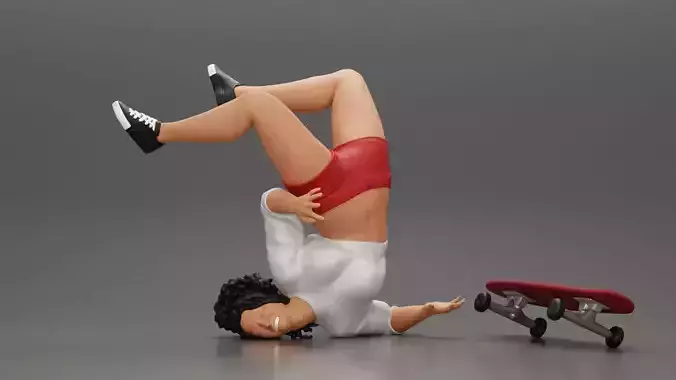 Girl with curly hair in shorts falling off a skateboard her head