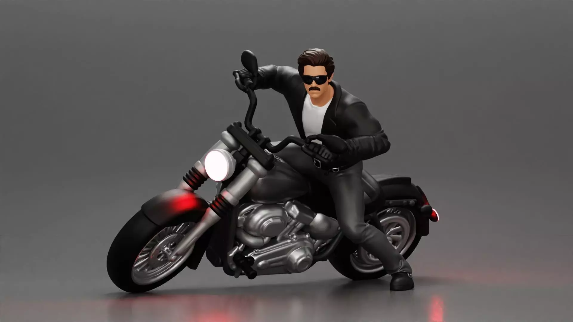 Man In open Leather Jacket Riding On Motorbike in sunglasses 3D print model_0