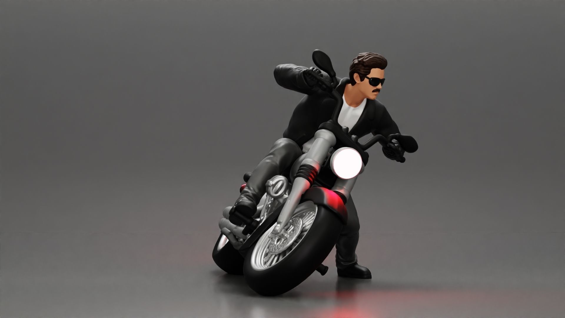 Man In open Leather Jacket Riding On Motorbike in sunglasses 3D print model_2