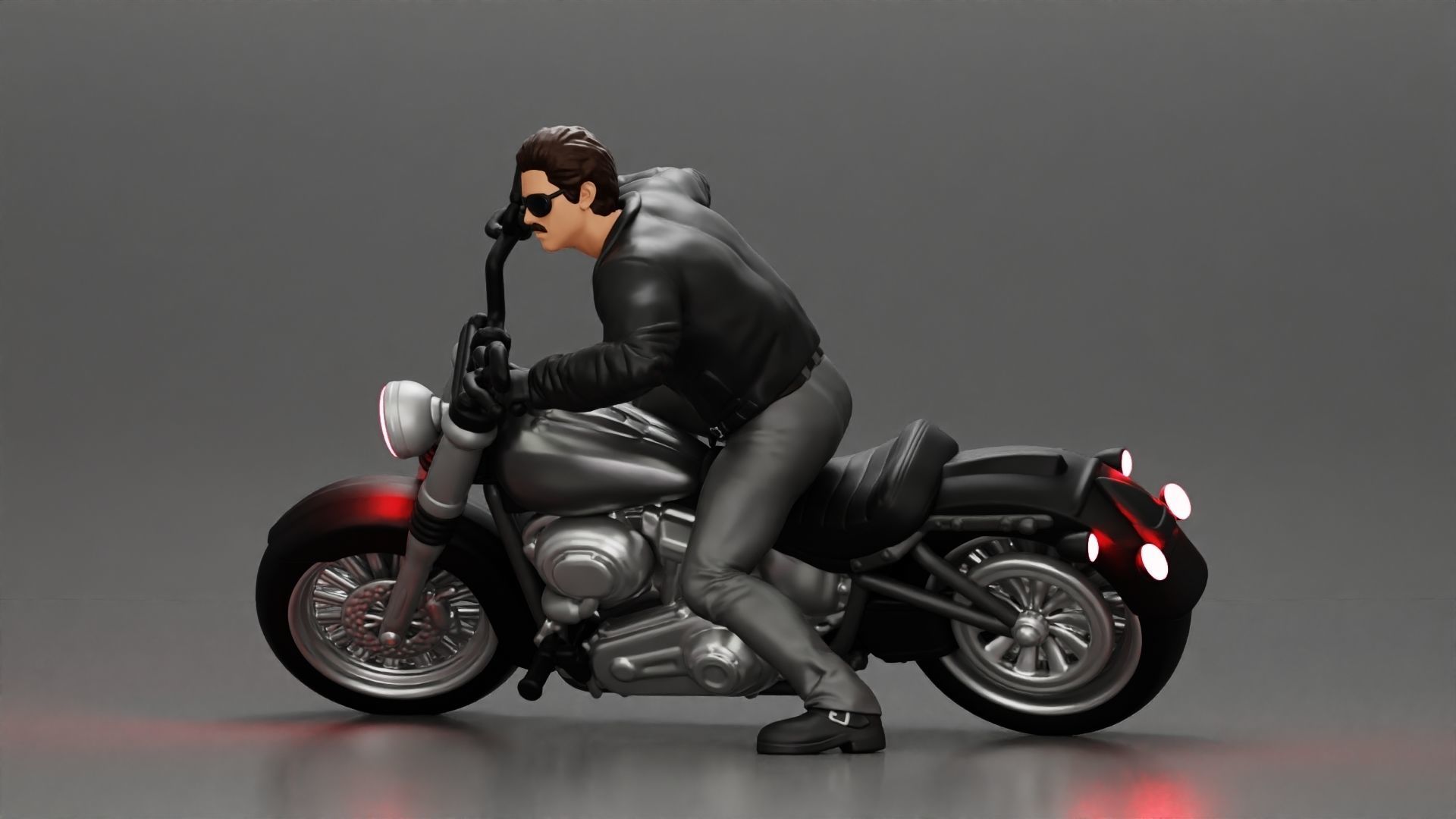 Man In open Leather Jacket Riding On Motorbike in sunglasses 3D print model_6