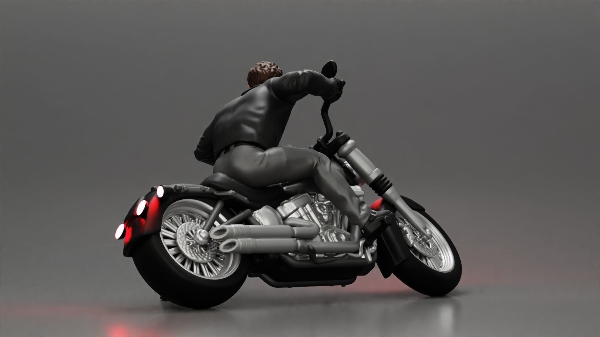 Man In open Leather Jacket Riding On Motorbike in sunglasses 3D print model_4