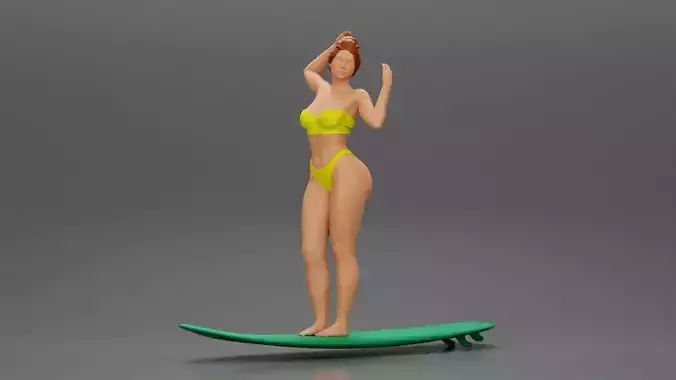 young girl posing and riding on the surfboard at the beach 3D print model